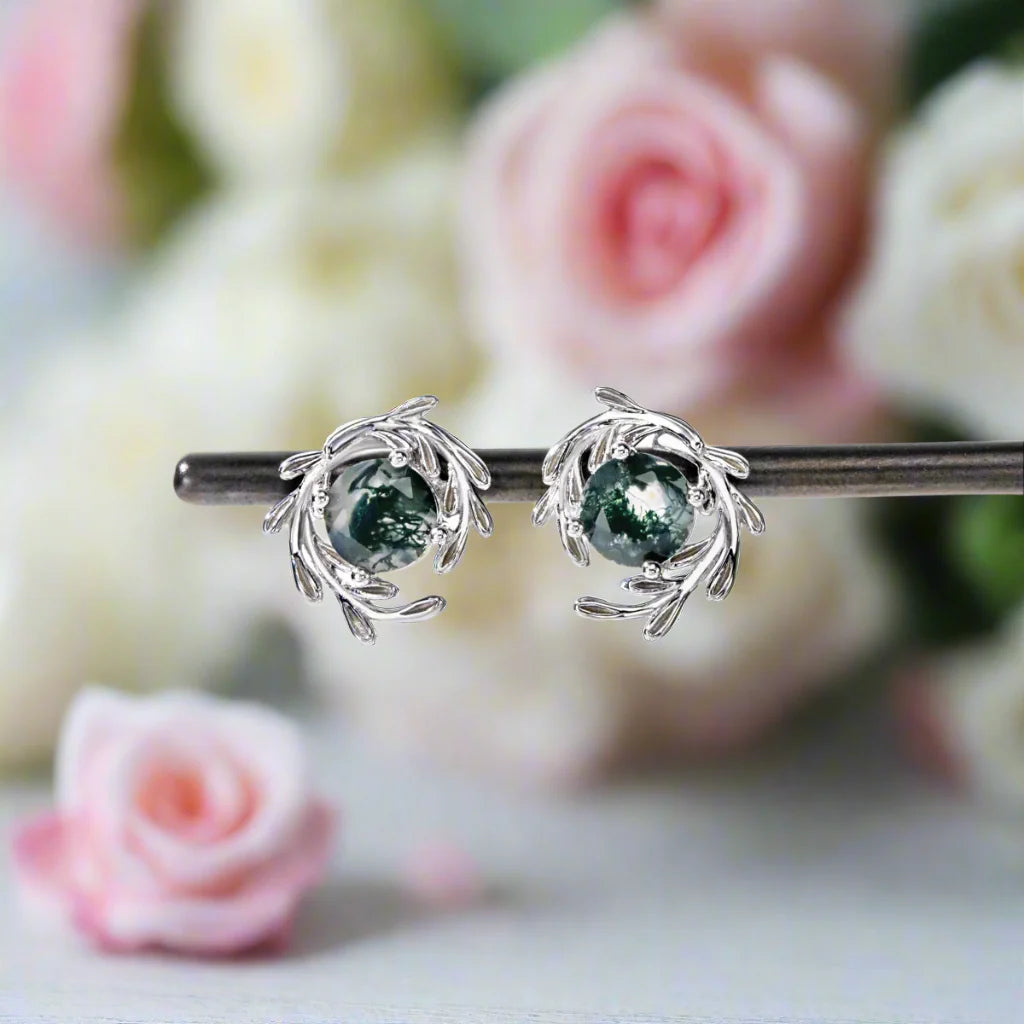 Round Cut Moss Agate Stud Earrings
