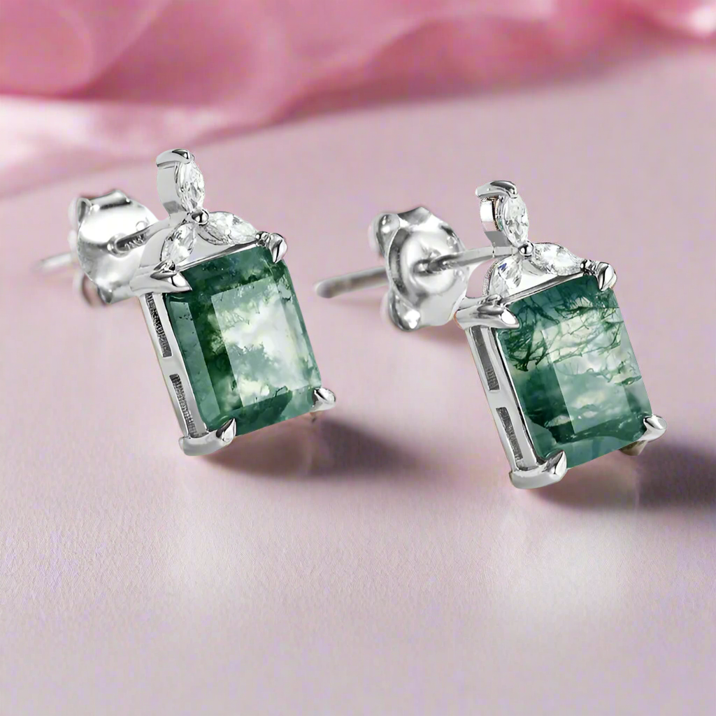 Unique Emerald Cut Natural Moss Agate Jewelry Set