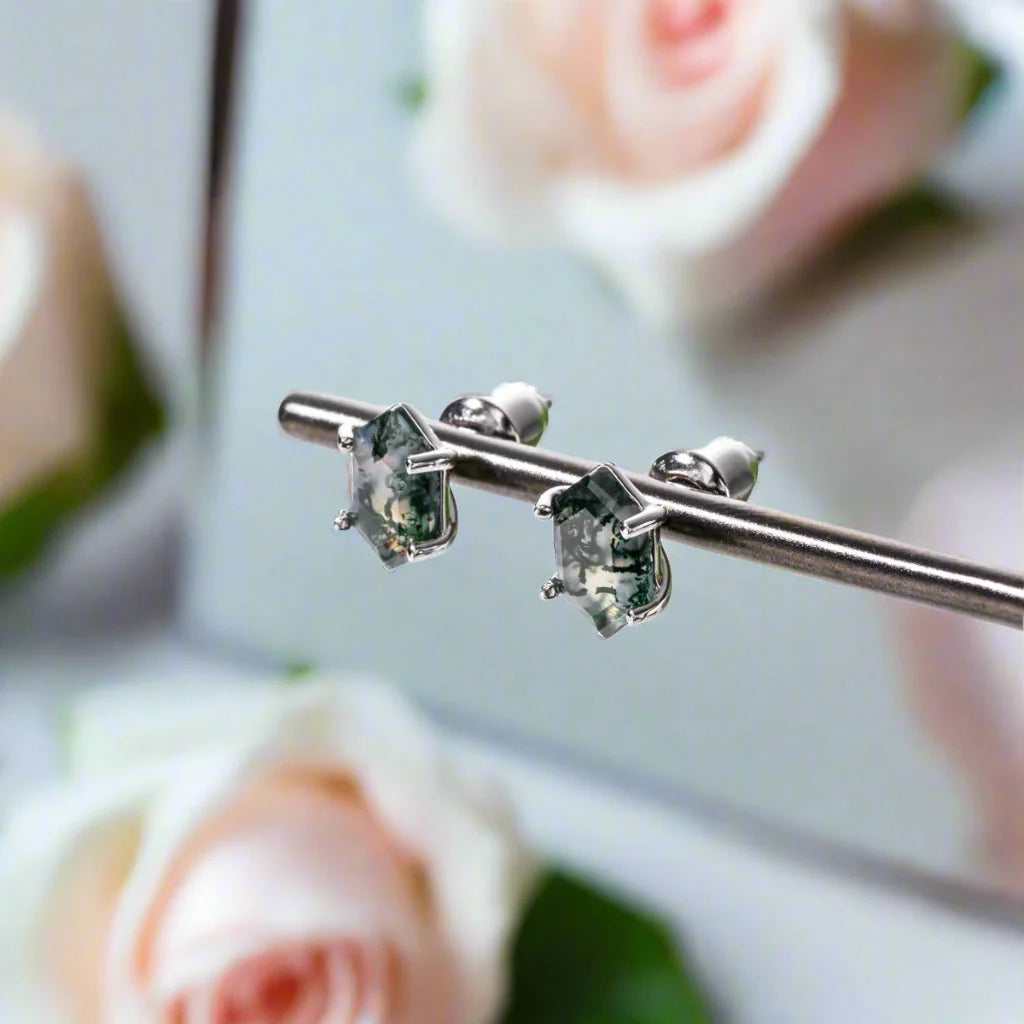 Geometry Cut Moss Agate Stud Earrings