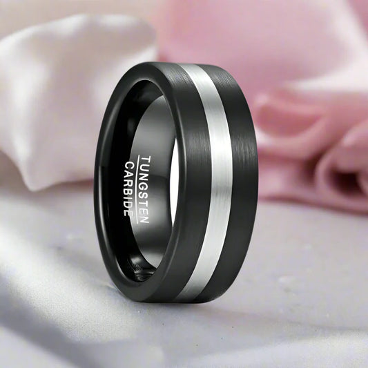 Black Brushed with Silver Line Tungsten Men's Ring