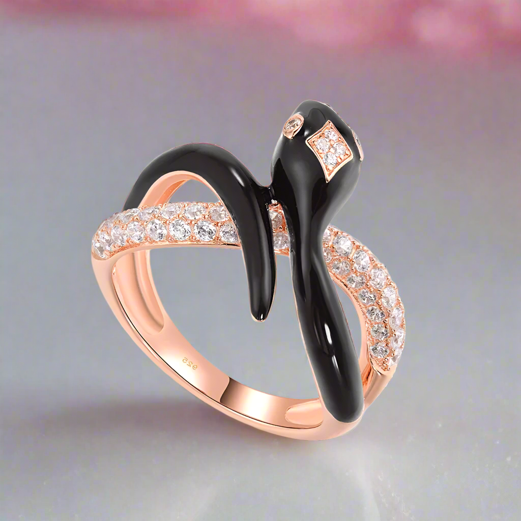 Black Enamel Wild Snake Rose Gold Ring