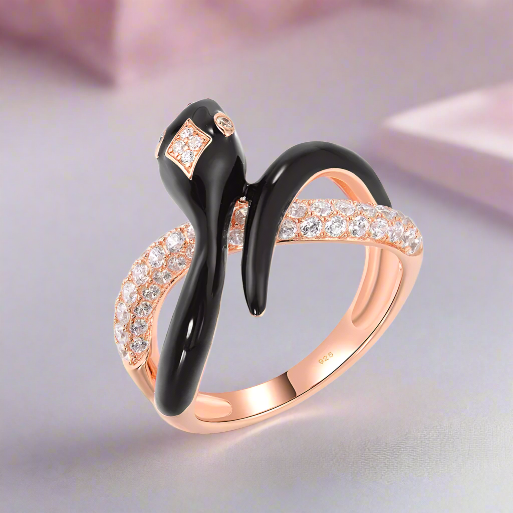 Black Enamel Wild Snake Rose Gold Ring