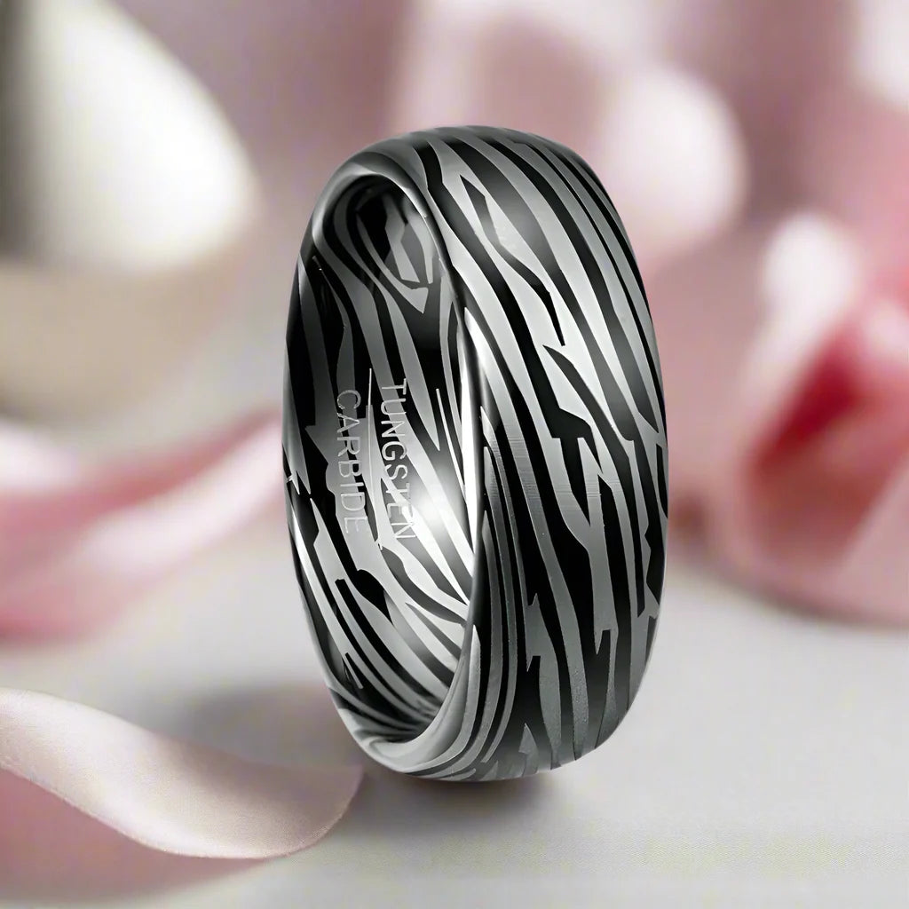 8mm Dome Zebra Pattern Tungsten Carbide Men's Ring
