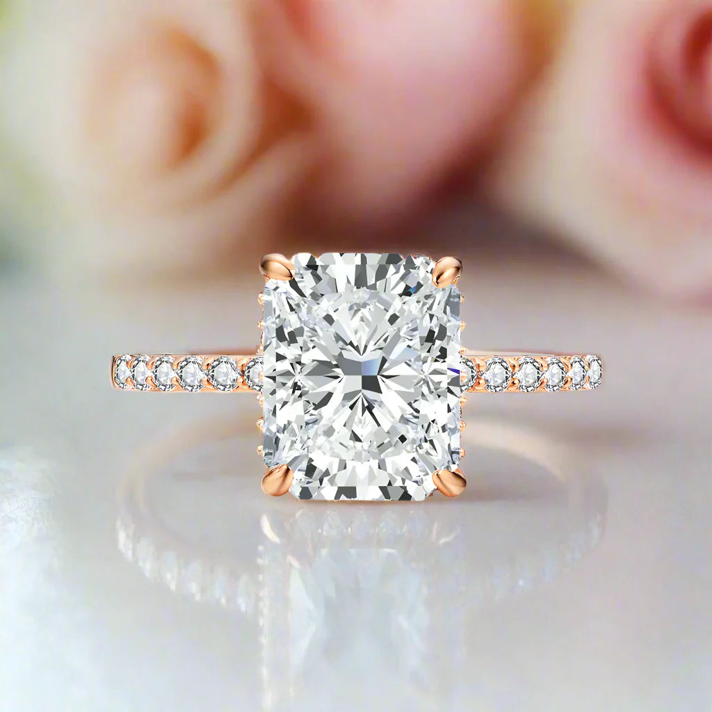 Classic Radiant-cut Diamond Half Eternity with Hidden Halo Engagement Ring