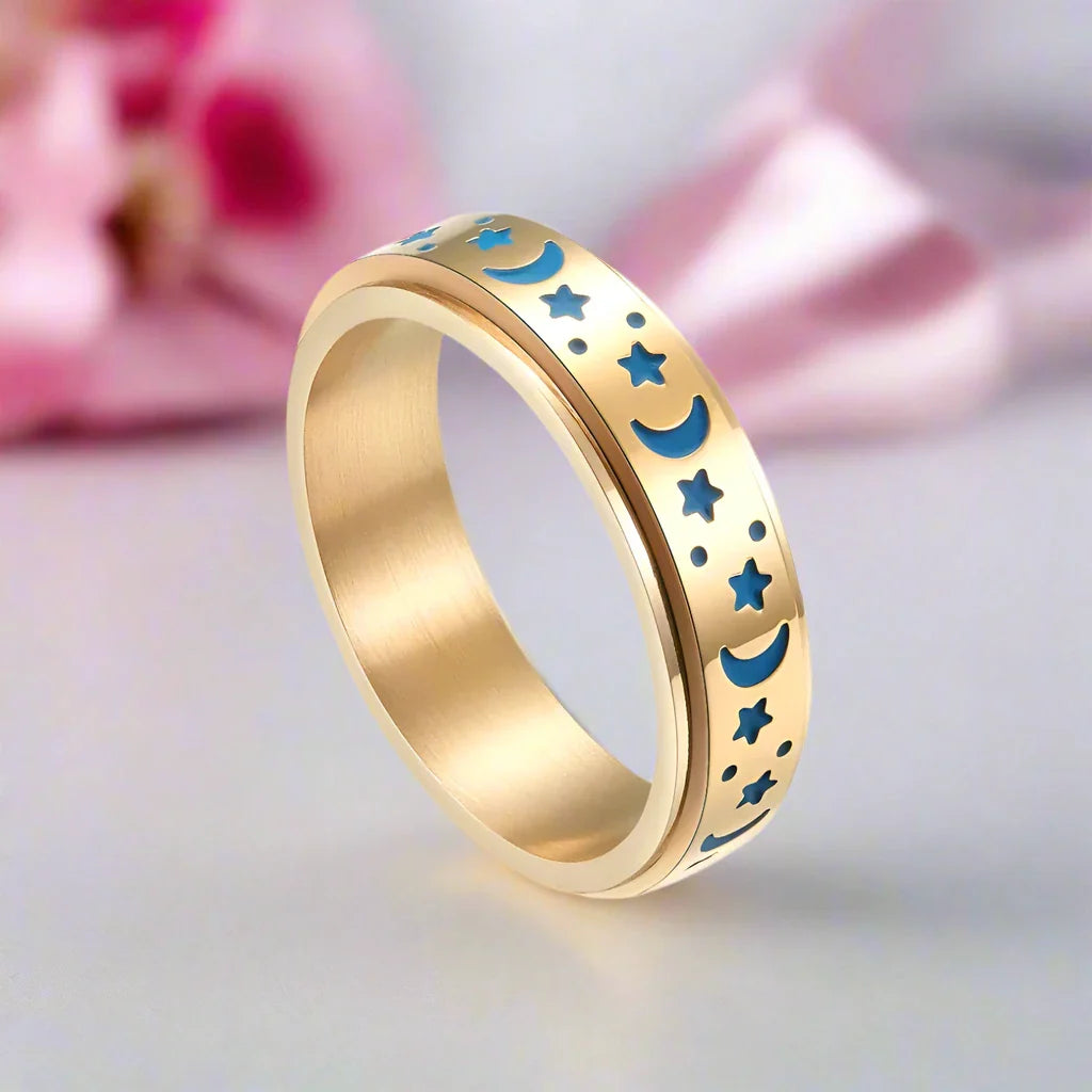 Star and Moon Titanium Steel Rotatable Luminous Ring