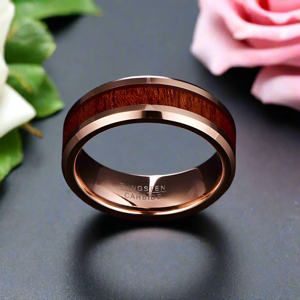 Koa Wood Inlay Beveled Edge Tungsten Carbide Ring