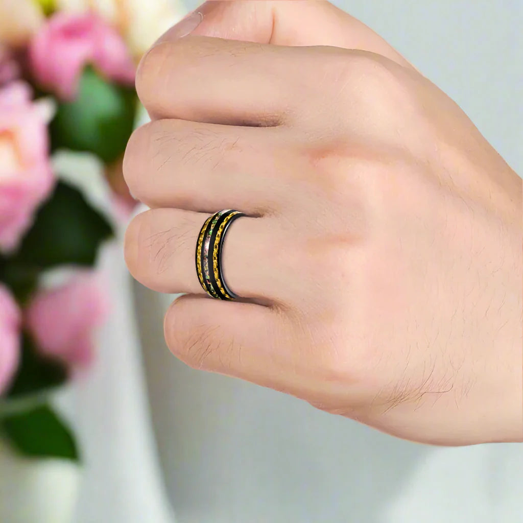 Yellow Carbon Fiber and Opal Inlaid Black Tungsten Men's Ring