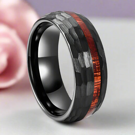 8mm Grooved Hammered Black Tungsten Carbide Men's Rings with Wood Inlay