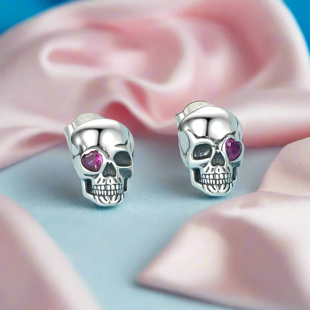 Cool Skull Pink Heart-shaped Diamond Stud Earrings