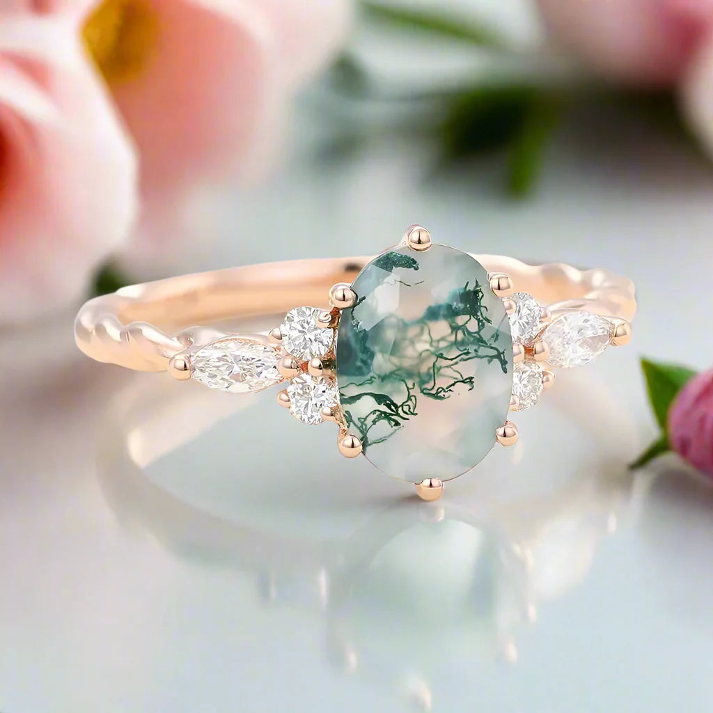 Natural Oval Moss Agate Promise Ring