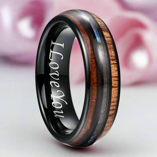Wood Inlay Brushed Finished Tungsten Carbide Men's Ring