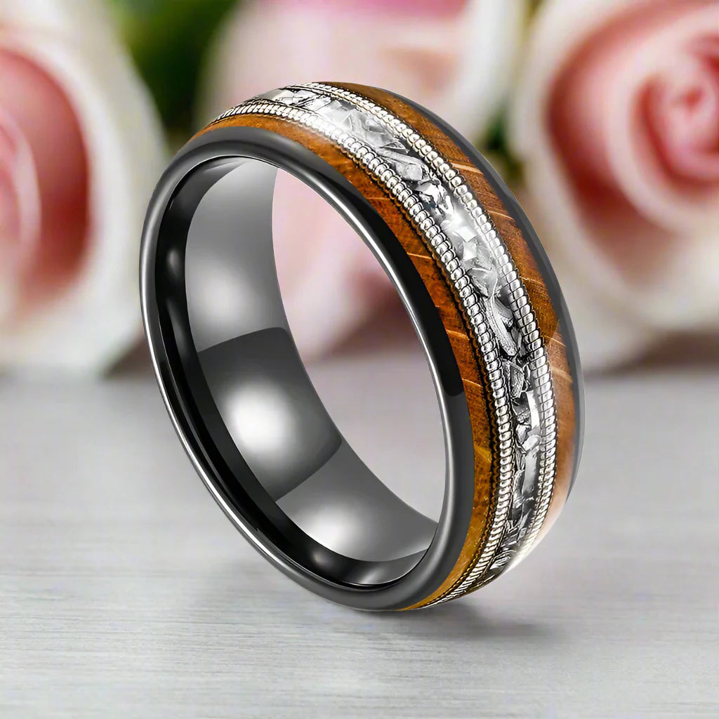 Whiskey Barrel Wood and Guitar Strings Inlay Tungsten Carbide Ring