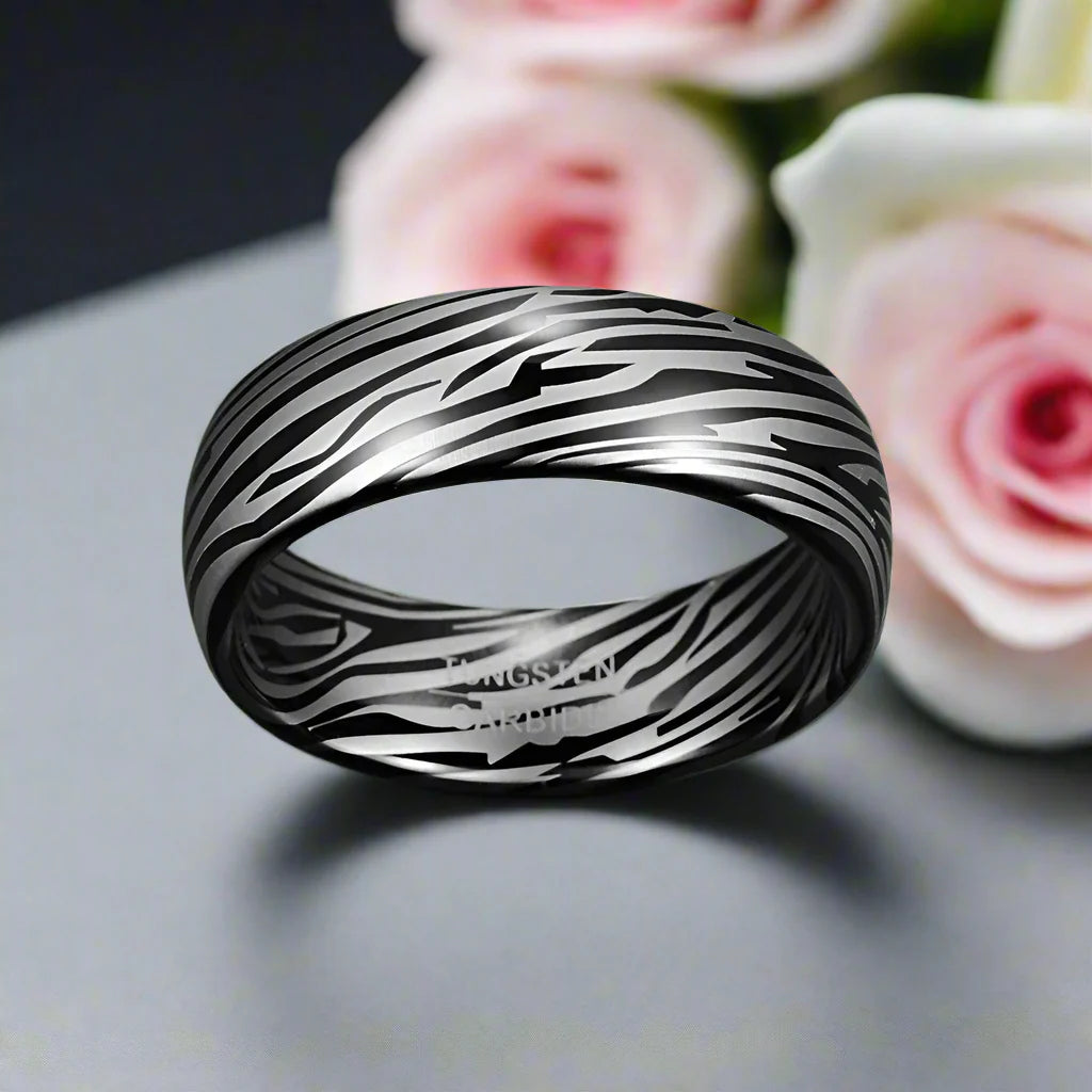 8mm Dome Zebra Pattern Tungsten Carbide Men's Ring