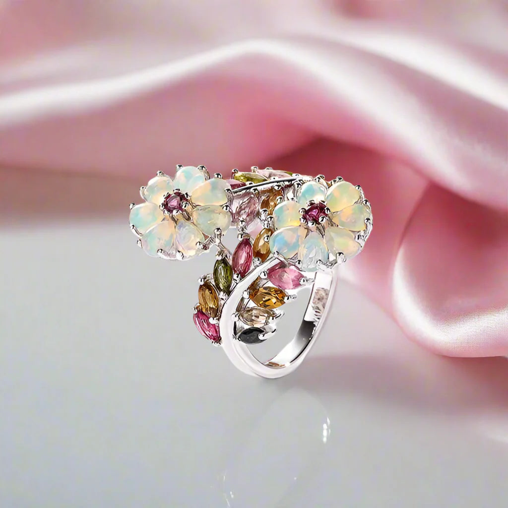 Opal & Tourmaline Gemstone Flower Ring