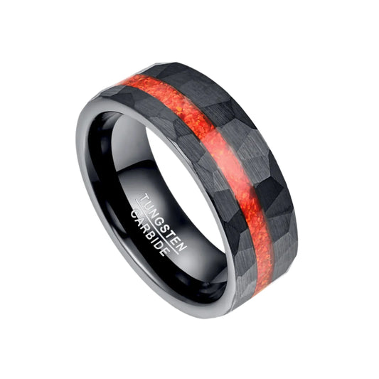 Brushed Matte Black Hammered Red Opal Inlay Tungsten Men's Ring