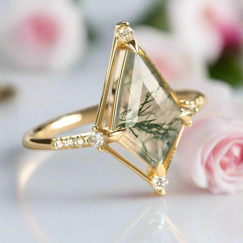 Vintage Style Kite Cut Natural Moss Agate Engagement Ring