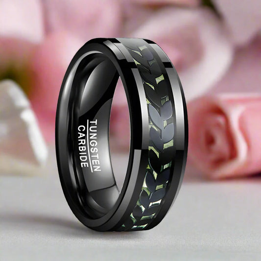 Black Leaves and Green Carbon Fiber Inlay Beveled Edge Tungsten Men's Ring