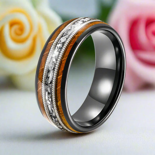 Whiskey Barrel Wood and Guitar Strings Inlay Tungsten Carbide Ring