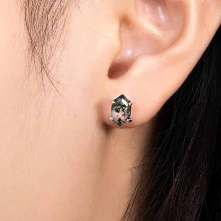 Geometry Cut Moss Agate Stud Earrings