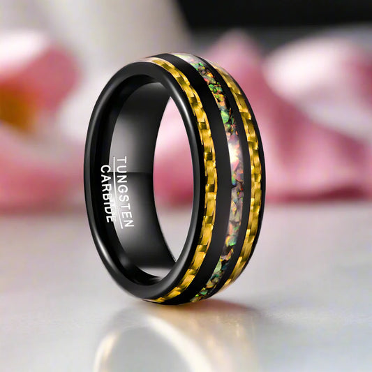 Yellow Carbon Fiber and Opal Inlaid Black Tungsten Men's Ring
