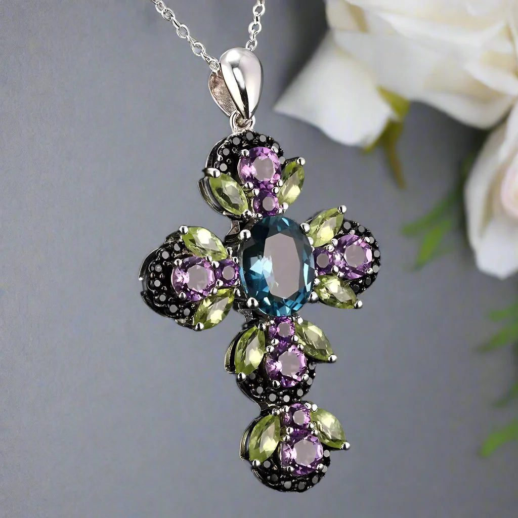 Vintage Oval-cut Natural London Blue Topaz Cross Necklace