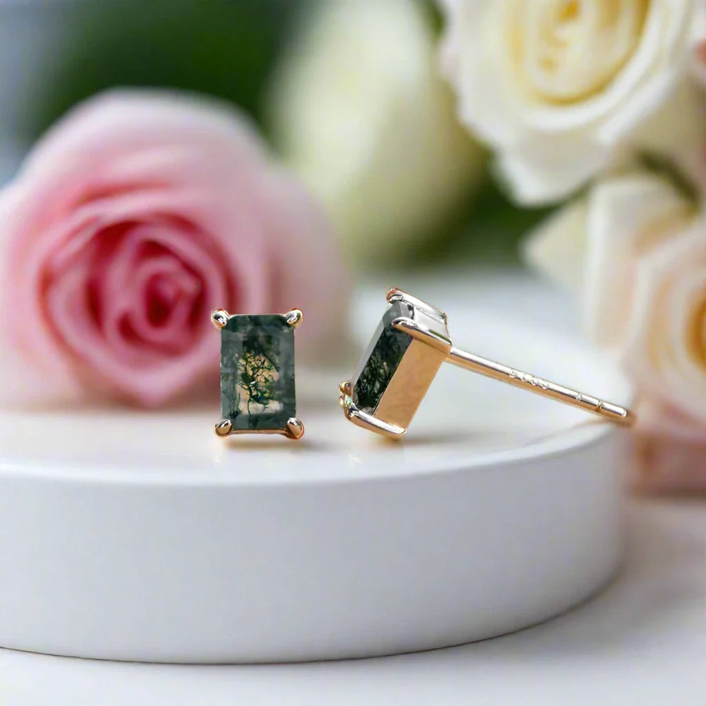 Emerald Cut Moss Agate Stud Earrings