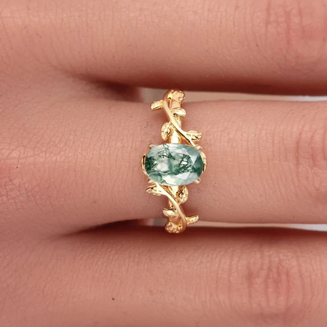Leaf Branch Oval Moss Agate Cocktail Ring