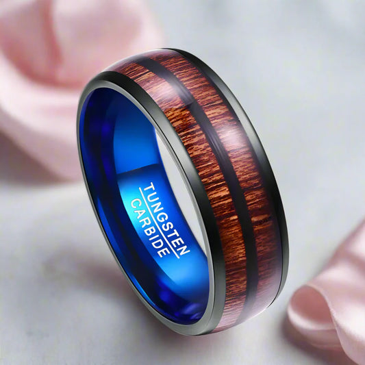 Black and Blue Dome Double Groove Acacia Wood Inlaid Tungsten Men's Ring