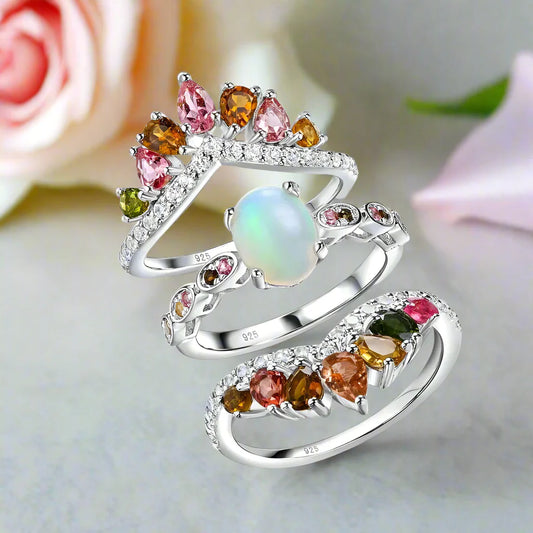 3-Piece Natural Opal Tourmaline Gems Ring Set