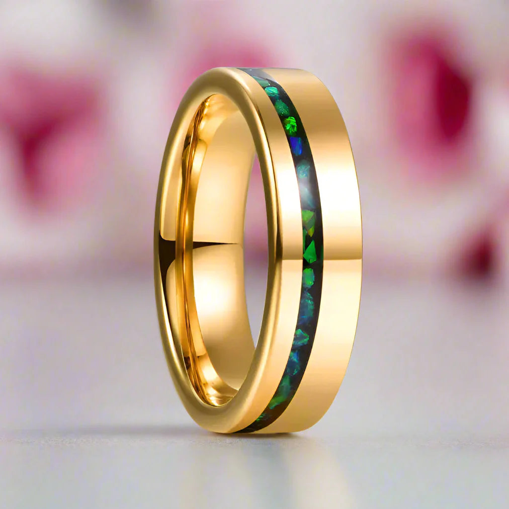 Green Opal Inlay Yellow Gold Tungsten Carbide Men's Ring