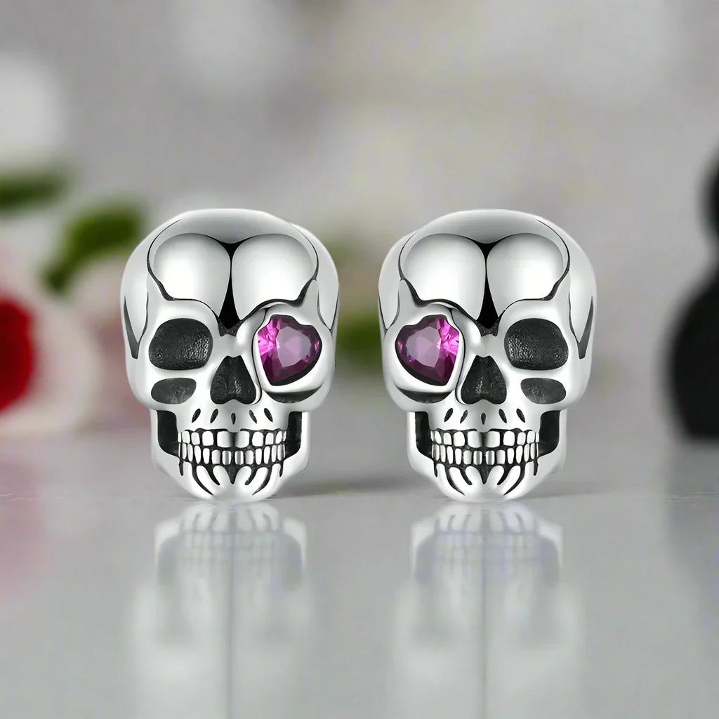 Cool Skull Pink Heart-shaped Diamond Stud Earrings