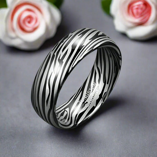 8mm Dome Zebra Pattern Tungsten Carbide Men's Ring