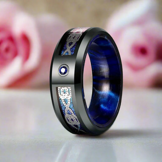 Blue Diamond Black Dome Celtic Knot Tungsten Men's Ring