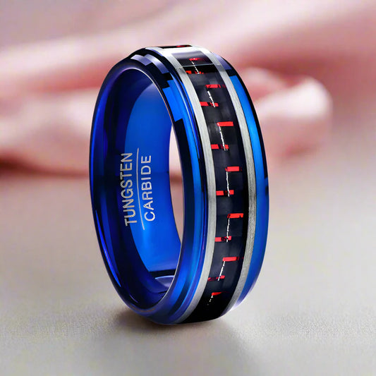 Blue Beveled Edge Tungsten Men's Ring with Red Carbon Fiber Inlay