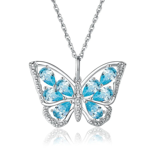 1.9 Ct Pear-cut Blue Topaz Gemstone Butterfly Pendant Necklace