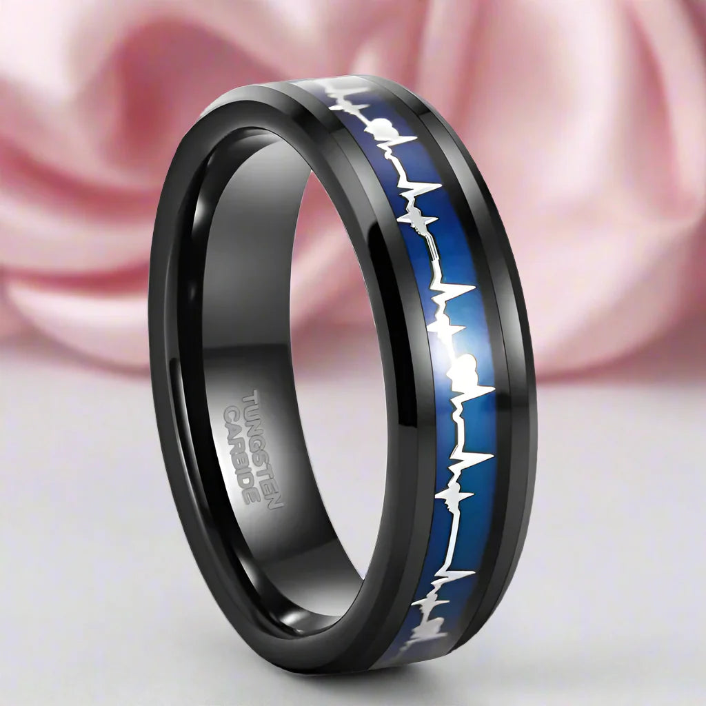 Black Tungsten Carbide Men's Ring with Heart Beat Blue Inlay