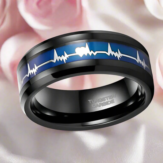 Black Tungsten Carbide Men's Ring with Heart Beat Blue Inlay