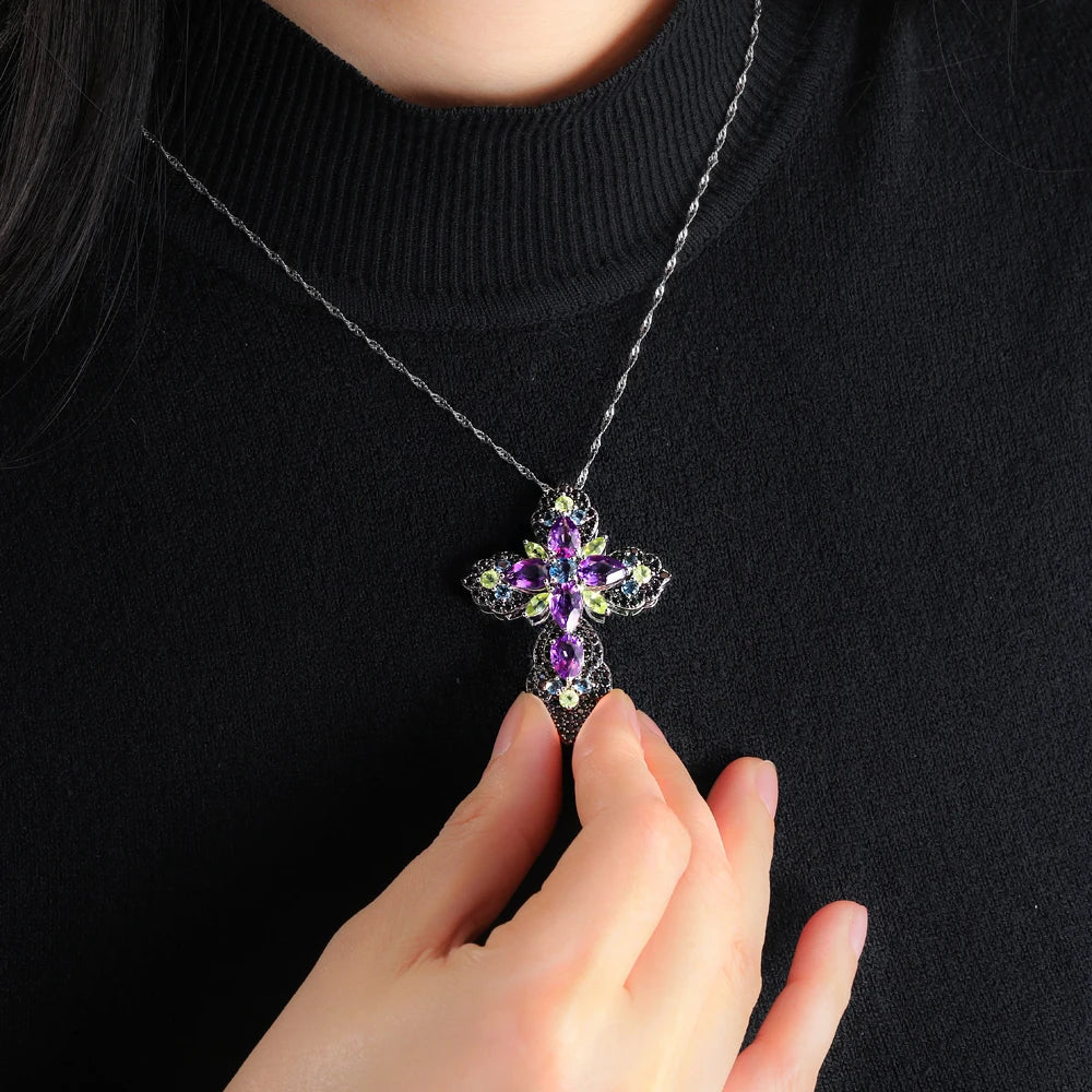 Bohemian Multicolor Gemstones Cross Necklace