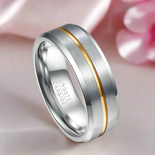 Beveled Edge Tungsten Carbide Men's Ring with Gold Line Inlay