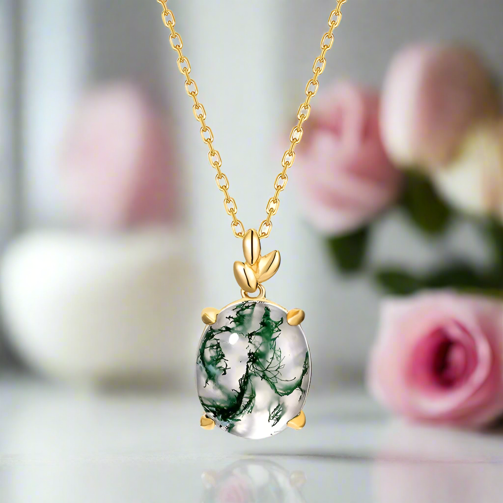 Oval Cut Green Moss Agate Pendant Necklace
