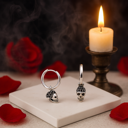 Black Diamond Pave Skull Hoop Earrings