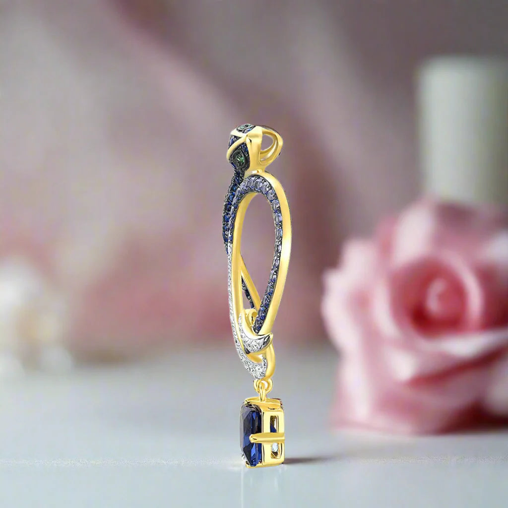 Sparkling Blue Stone Cute Snake Yellow Gold Pendant