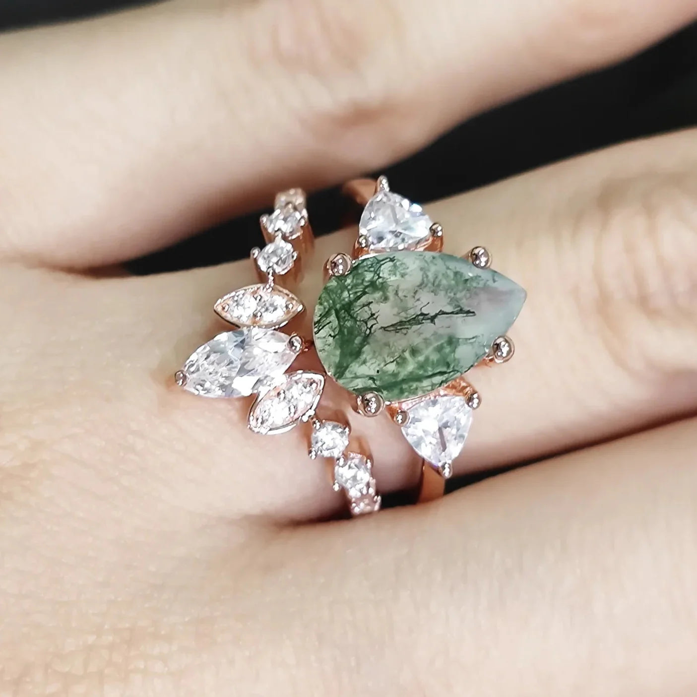 Unique Pear Cut Moss Agate Vintage Cluster Engagement Ring Set