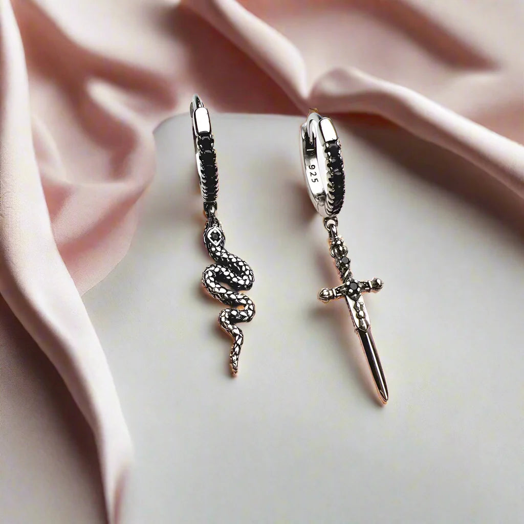 Vintage Black Diamonds Sword and Snake Hoop Earrings
