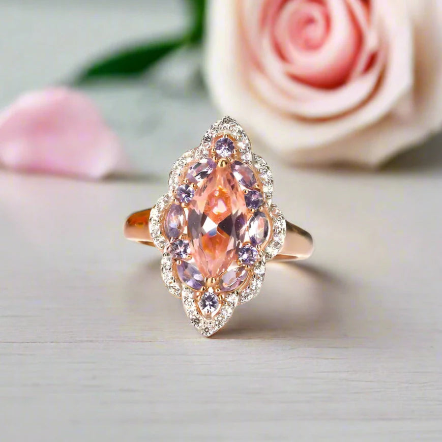 Vintage Marquise-cut Morganite Halo Engagement Ring