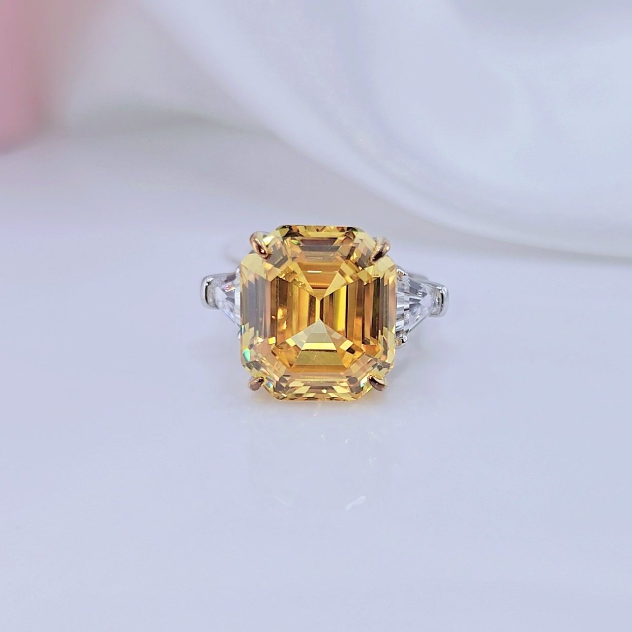 Yellow Sapphire Asscher Cut Three Stone Engagement Ring