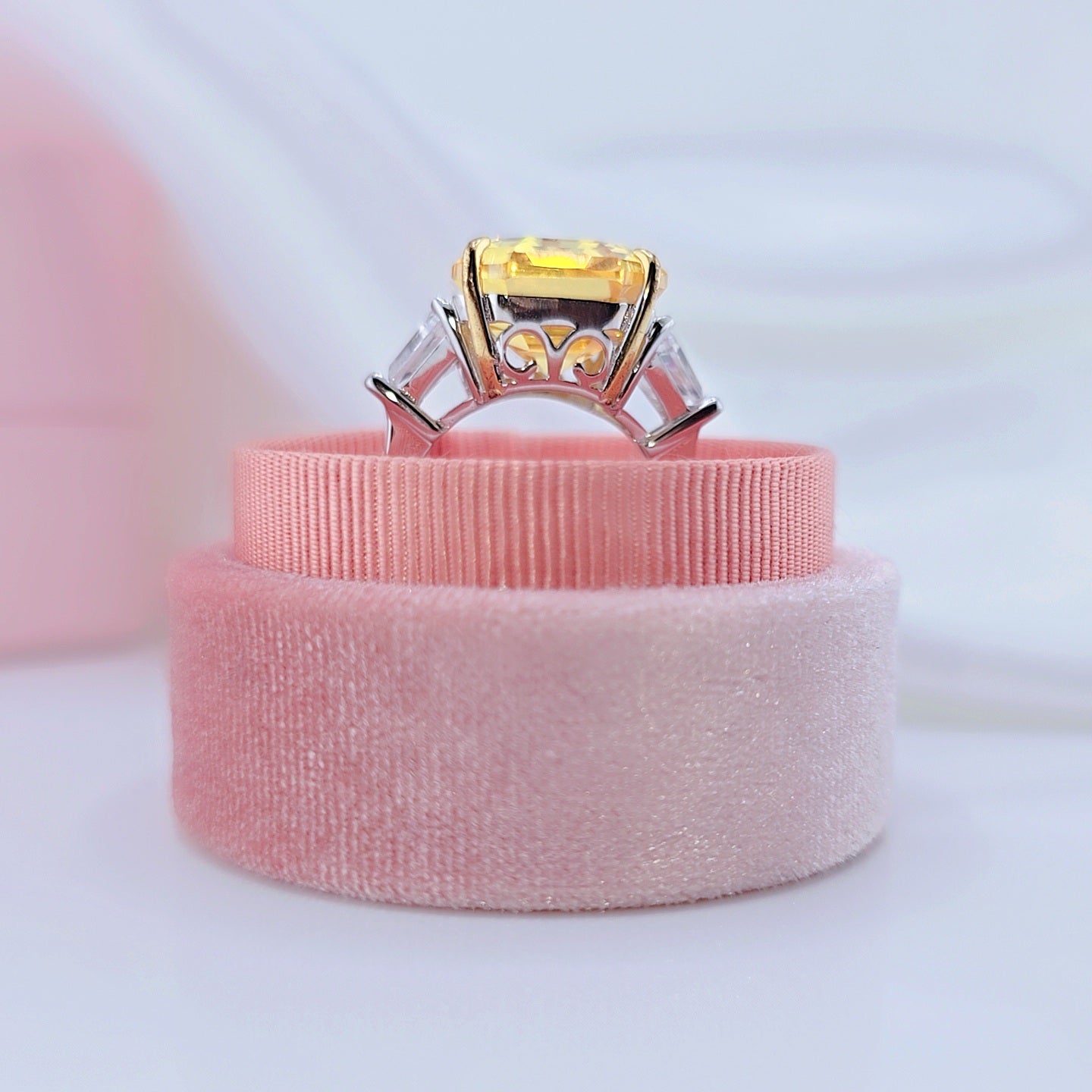 Yellow Sapphire Asscher Cut Three Stone Engagement Ring