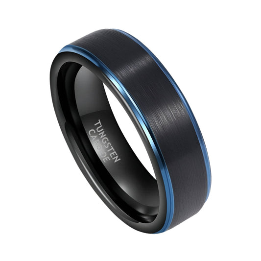 Black Tungsten Men's Wedding Band with Blue Line