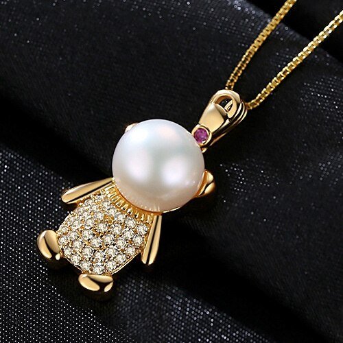 Cute Bear Freshwater Pearl Pendant Necklace