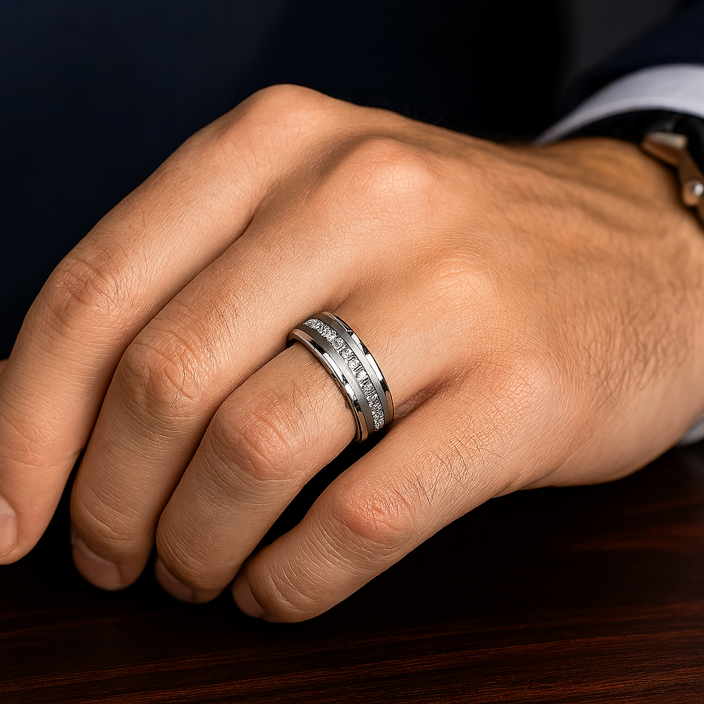 Beveled Edges Diamond Inlay Black Tungsten Men's Wedding Band